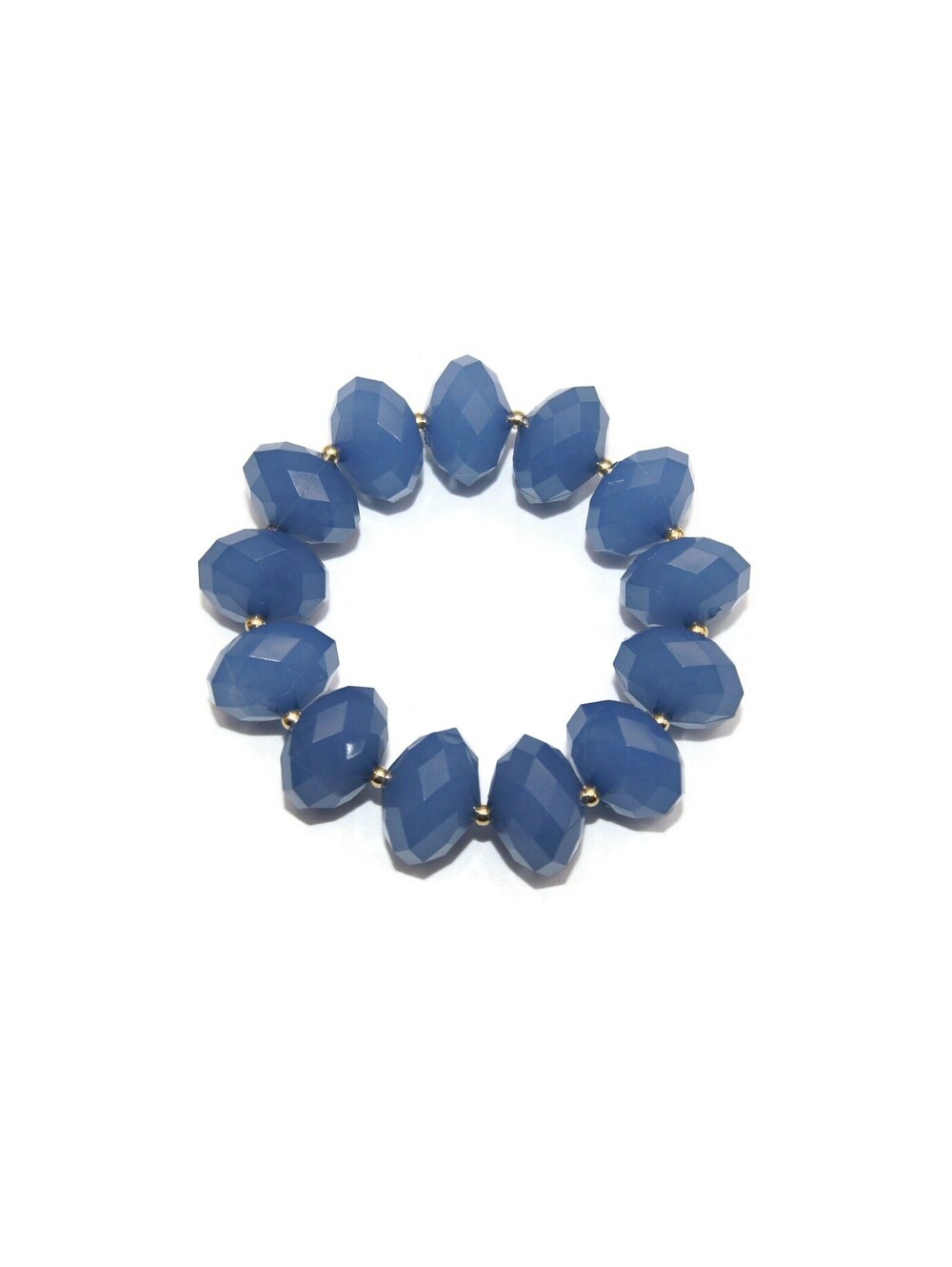 Vintage 6 Inch Blue Plastic Beaded Elastic Bracelet with Gold Tone Spacer Beads.